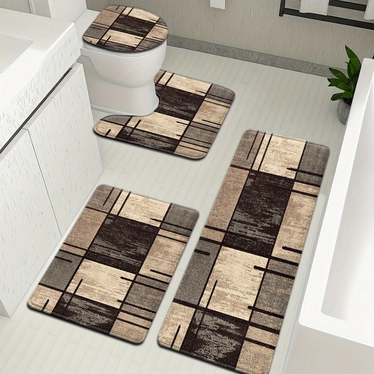 Bathroom Rug Set, Flannel Absorbent Non-Slip Bath Mats, Retro Geometric Grid Design, Washable Floor Mats for Tub, Shower, Toilet, U-Shaped Contour Mat & Lid Cover for Bathroom Decor