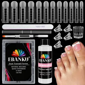Poly Gel Toenail Kit, Reusable Toe Dual Nail Forms with 2.5oz Slip Solution Poly Gel Nail Kit for Toe Nail Tips for Women with Double-end Brush, File, Clips, Liquid Container, 120PCS, 12 Sizes