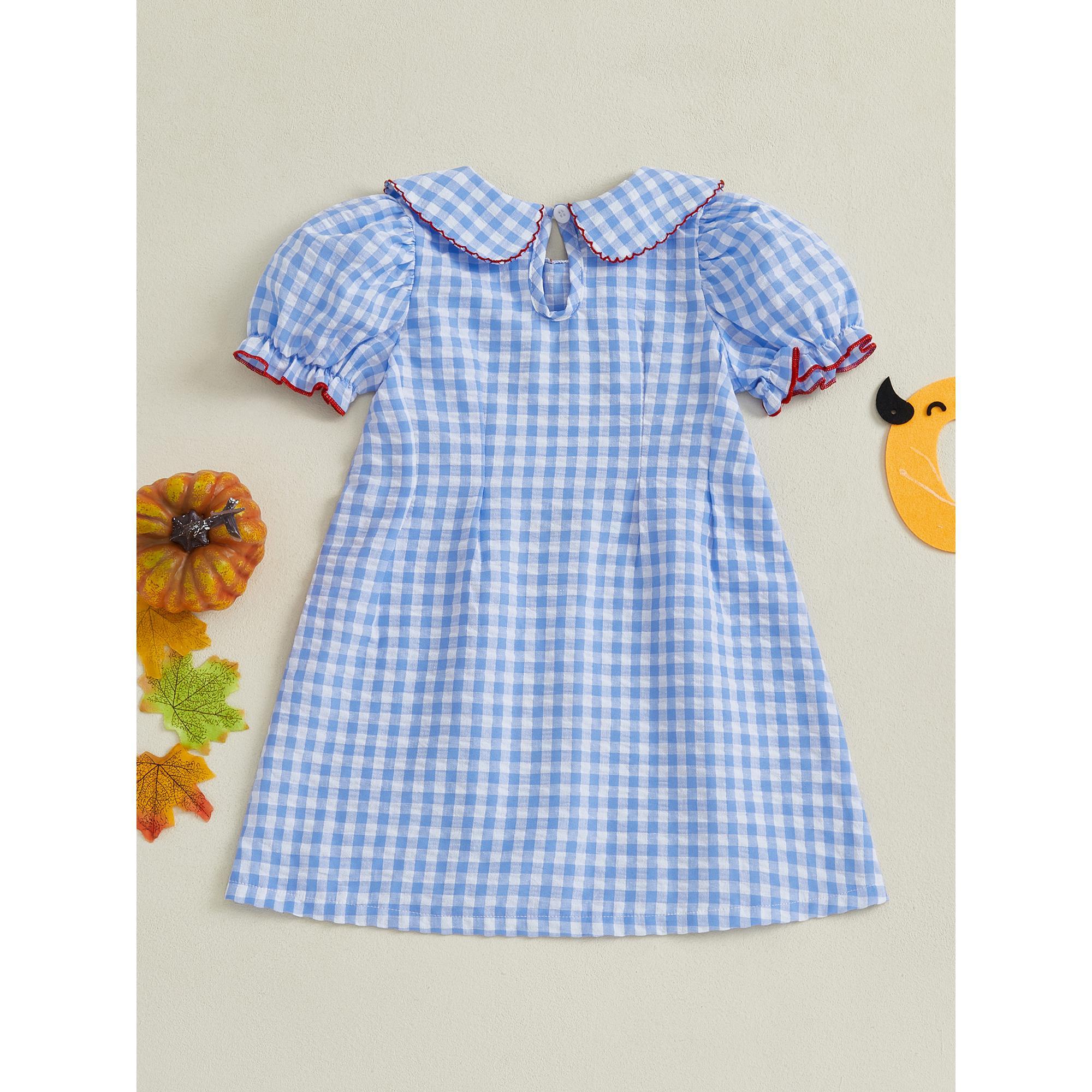Toddler Baby Little Girl Halloween Plaid Dress Puff Short Sleeve Pumpkin Embroidery Dresses Fall Outfit 2-6 Years