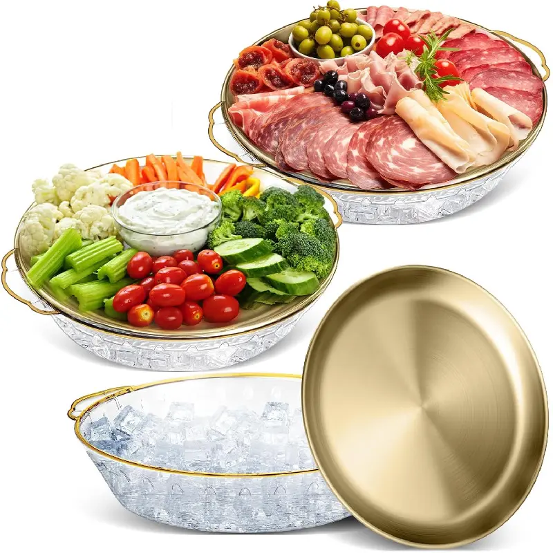 3-Pack 11.8-Inch Ice-Chilled Serving Trays with Compartments, Gold Charcuterie Platters for Fruit, Seafood, Vegetables, Dips and Shrimp Cocktail