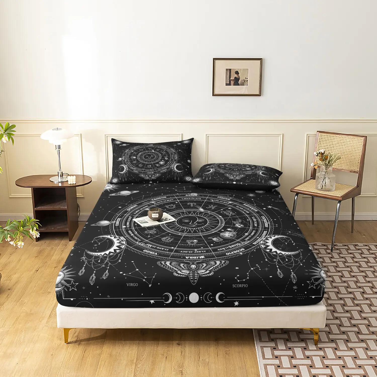 3 Pieces Black Base Celestial Zodiac Sun Moon Fitted Sheet Set, Bed Sheet Sets, Planet Constellation Moth Printed Bedding, Soft Microfiber Gothic Style Bedding For Bedroom Home Decoration (1 Fitted Sheet + 2 Pillowcases, No Pillow)