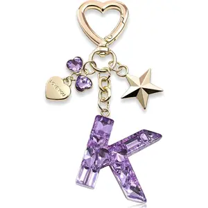 Cute Bling Keychain initial Letter Butterfly Star Pink Purple Gift for Women Girls Bag Cup Charms Accessories