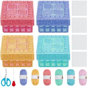 4 Sets Plastic Canvas Box Kit for Beginners, Includes Mesh Canvas Sheets & 6 Colors Yarn for Embroidery Crafting Knitting Projects