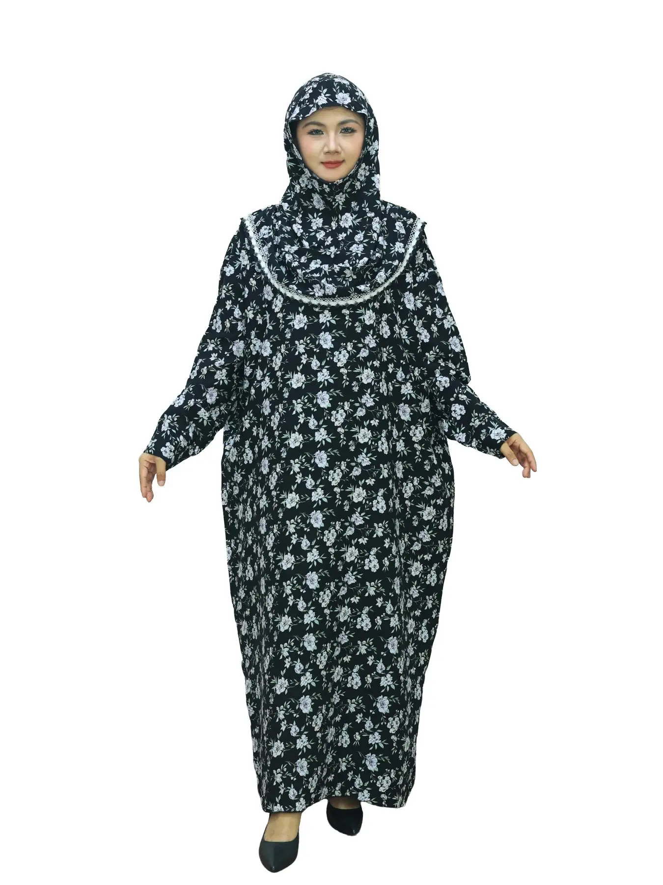 Muslim Women's Prayer Abaya with Hat, Lace Trim, Modest Daily Long Sleeve Maxi Dress, All Seasons, Comfortable and Simple, Ramadan Essential