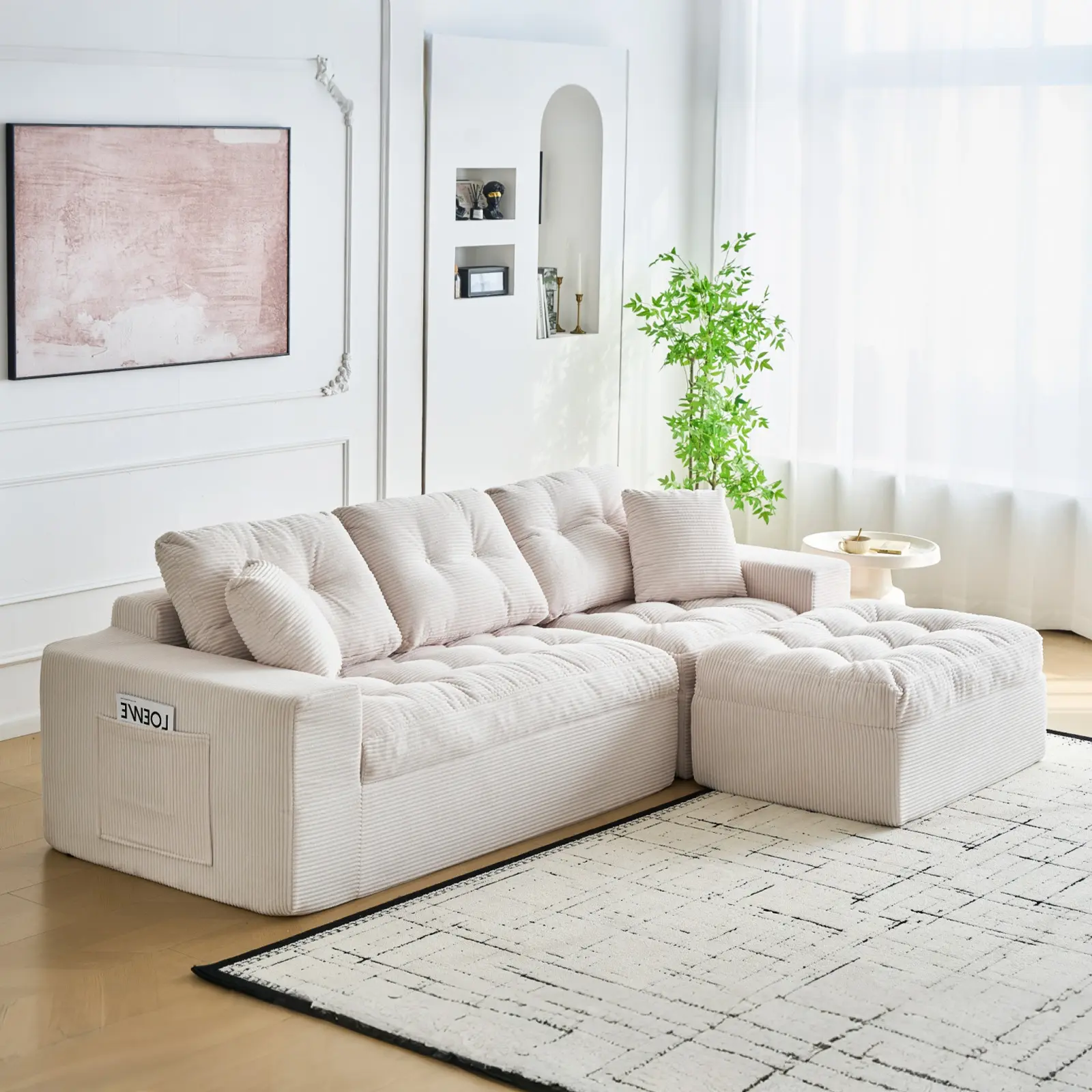 Comfy Modular L-Shaped Sectional Sofa with Ottoman – Deep Seat, Cloud Boneless Corduroy, Layered Cushion, No Assembly, Side Pockets – 104 Inch – Beige