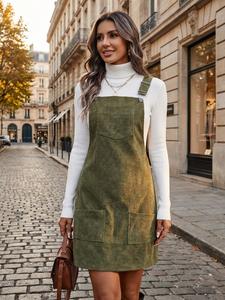 women's solid color pocket overalls dress without inner top, casual sleeveless overalls dress for daily wear, ladies clothes for all seasons