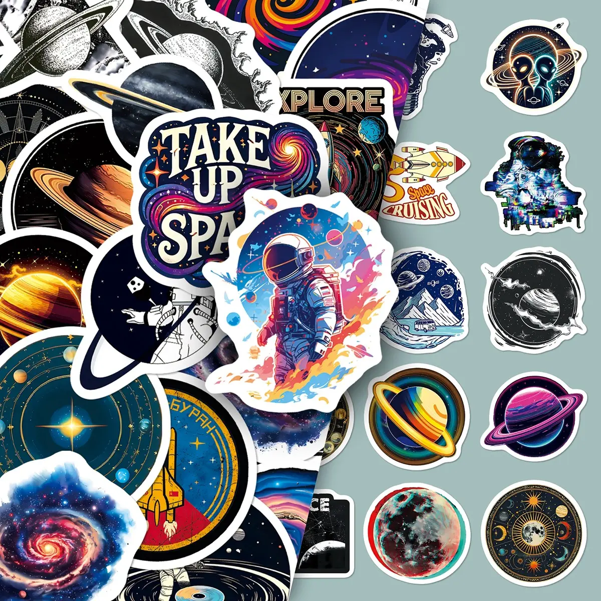 100sheets two sets of repetitive cartoon retro science fiction universe stickers rocket astronaut star elements creative trend stickers Scrapbook Materials