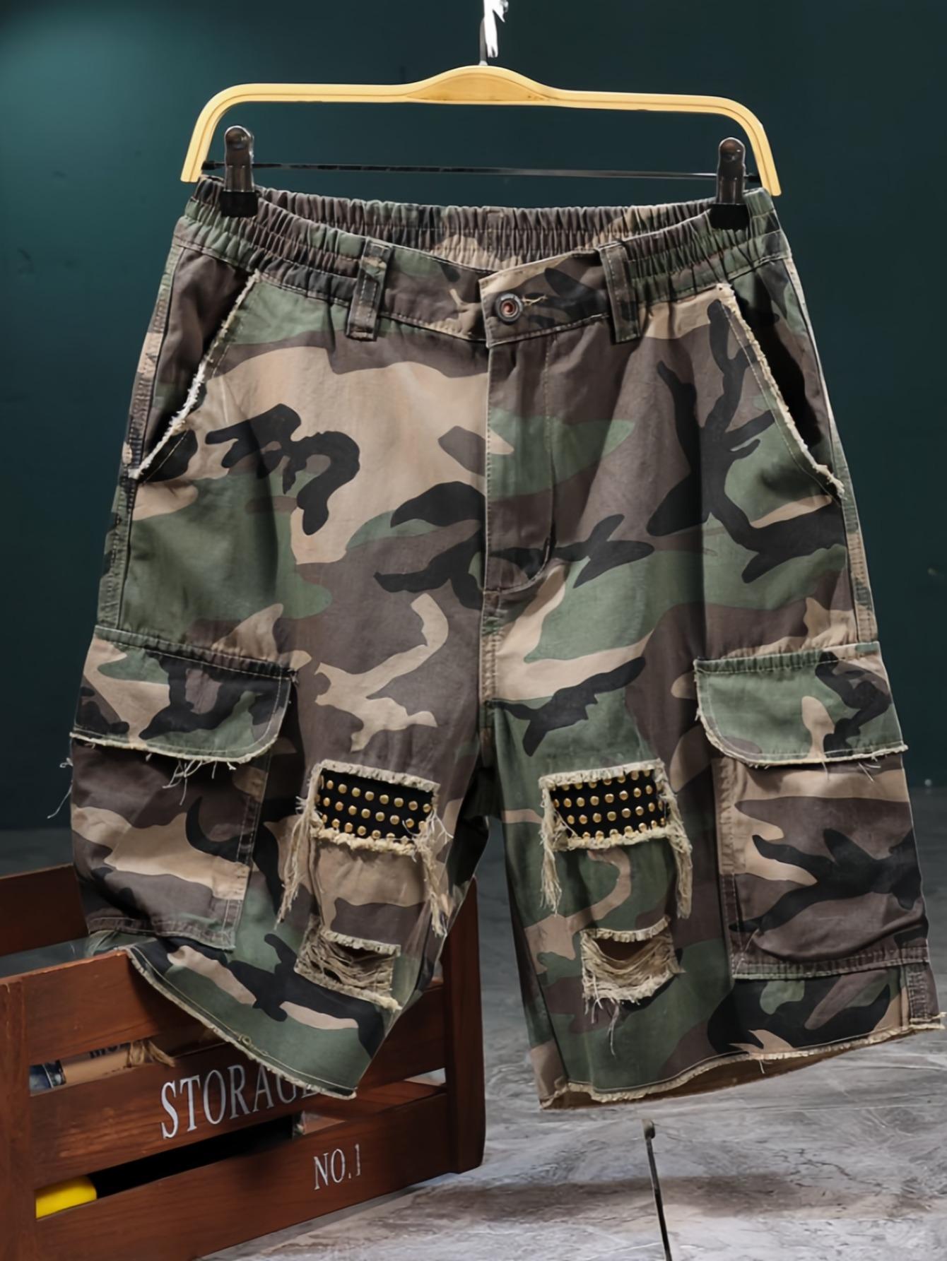 Camouflage High-Cotton Cargo Shorts | Distressed Streetwear Bottoms