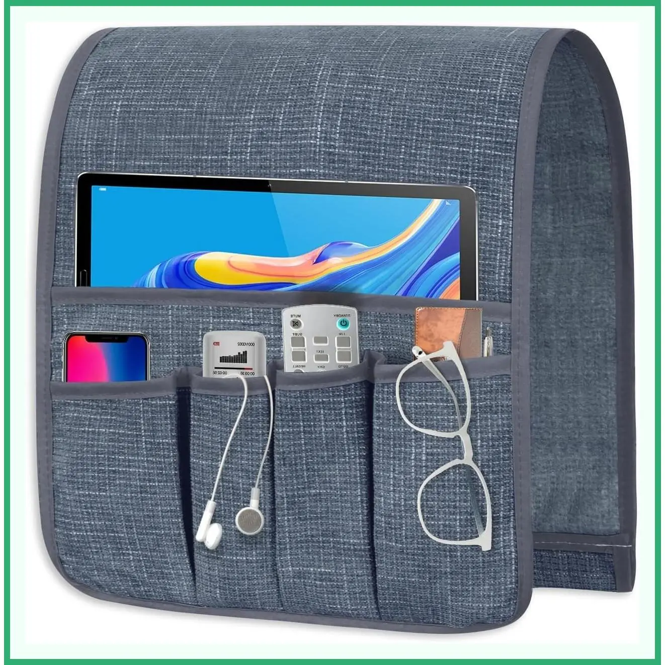Couch Caddy Remote Control Holder - Armchair Caddy for Recliner with 5 Pockets, TV Remote Holder for Seniors, Bed Caddy Organizer for Keys Glasses Phone Magazine, Grayish Blue 35''x12.4''Gift