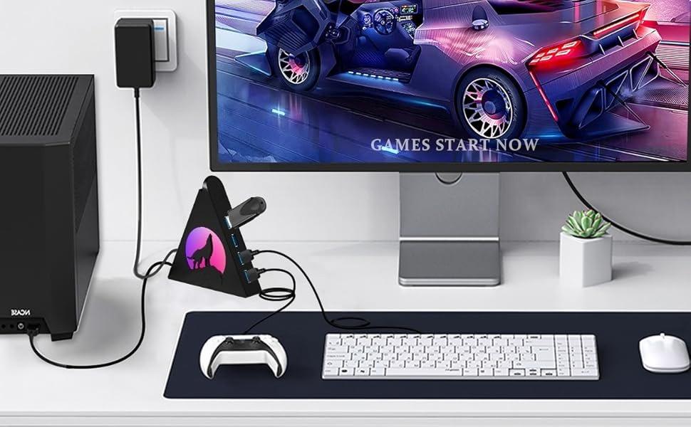 L-APT030    7-Port USB 3.0 Hub, Vertical USB Hub Splitter with RGB Lighting,5Gbps High-Speed Data Transfer and 2FT Extension Cable, Compatible with PC, MacBook, Laptop, PS5, Xbox, Flash Drive, Printer