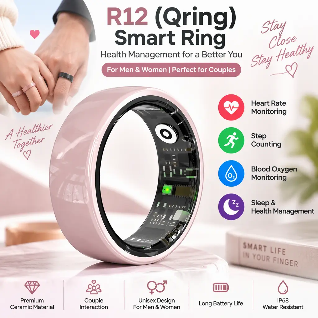 R12(Qring) Ceramic Smart Ring for Men & Women, Couple Interactive Smart Ring with Heart Rate, Blood Oxygen Monitoring and Pedometer for Health Management