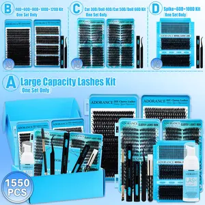 1550PCS/608PCS Eyelash Clusters Kit, Eyelash Extension Set, D Curl 10 Styles Mixed Length Spikes/Volume Lashes, Diy Cluster Lash, with Bond&Seal, Lash Remover, Lash Brush, Lash Applicator, Lash Shampoo Brush, Eyelash Extension Tweezers, For Beginners&Pros