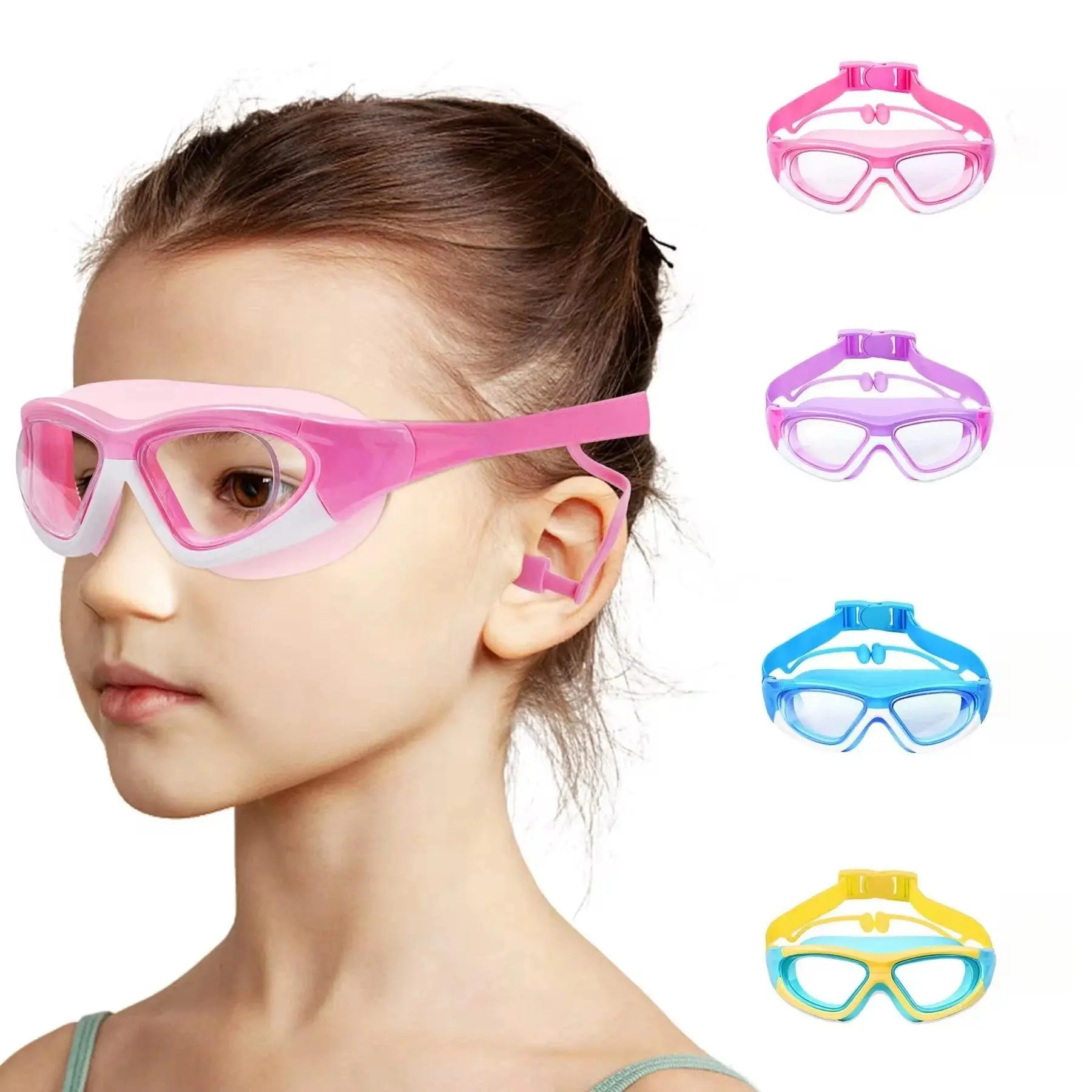 High-definition Children's Waterproof And Anti Fog Swimming Large Frame Glasses, Convenient Goggles Silicone Connected Earplugs
