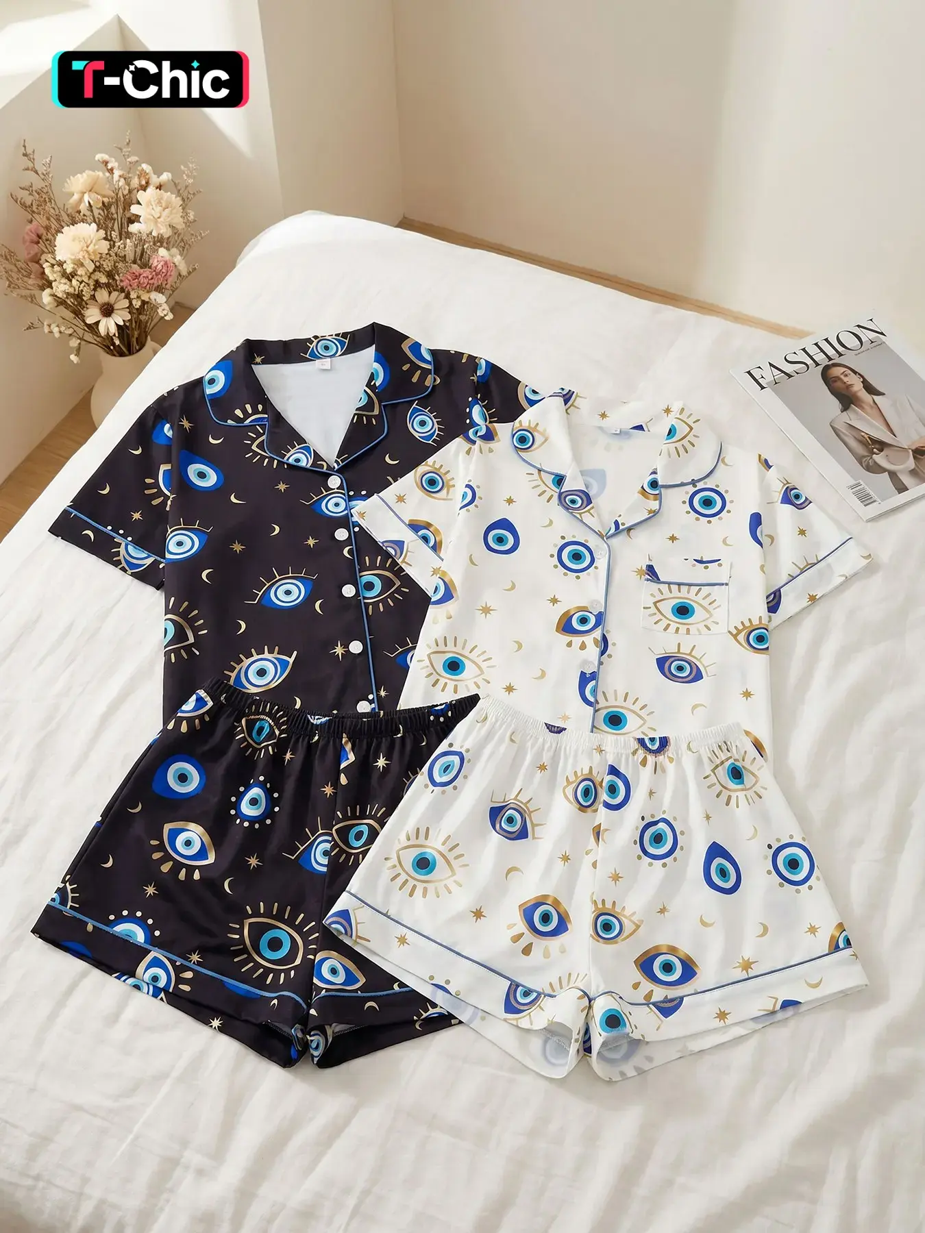 Women's 2 Pack Short Sleeve Button Down Top and Shorts Pajama Set, Spring Summer Wear, Bohemian Evil Eye Moon Star Print, Blue Gold Mystical Style, Casual Sleepwear, Loungewear Pjs, Regular Fit Loungewear