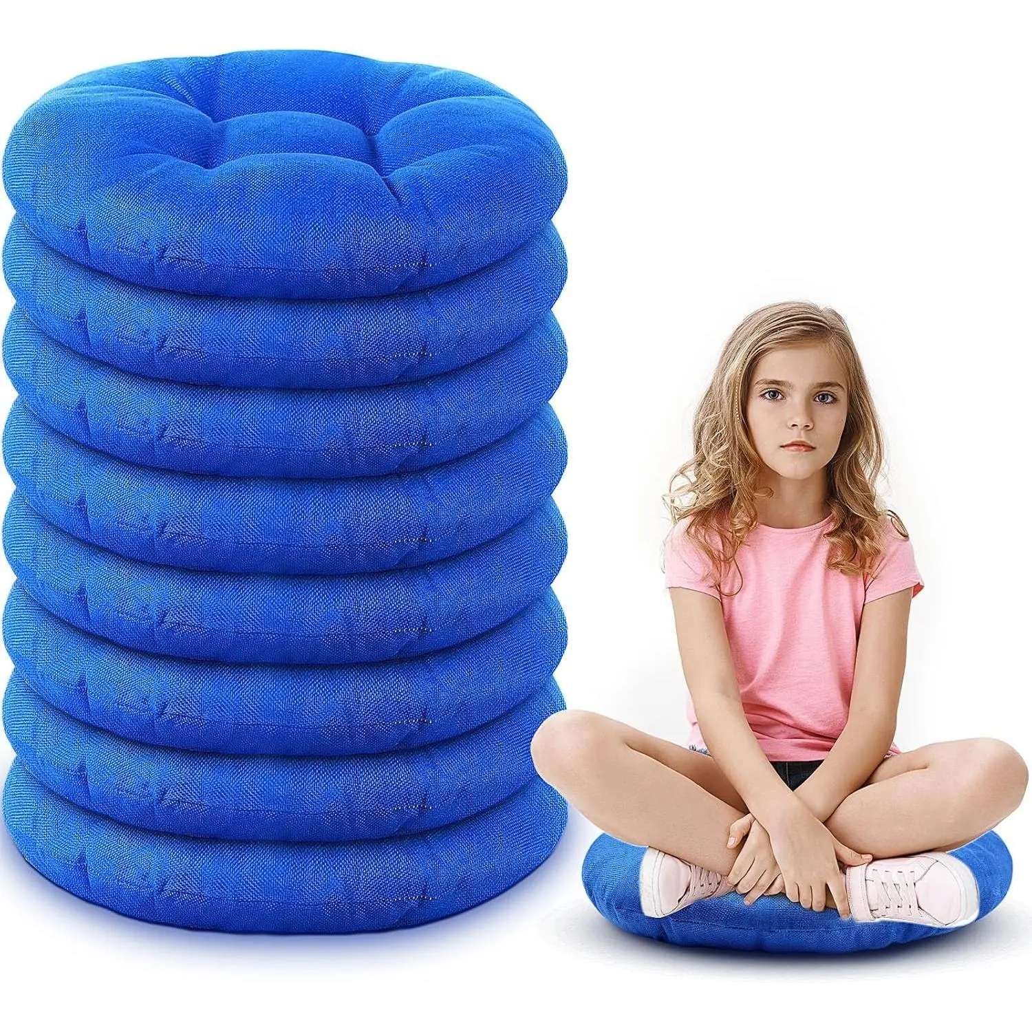 8-Piece 16-in Round Floor Cushions with Flexible Foam & Padded Surface, Kids Flexible Seating Floor Pillows for Classroom, Home Use (Light Blue), Round Shape