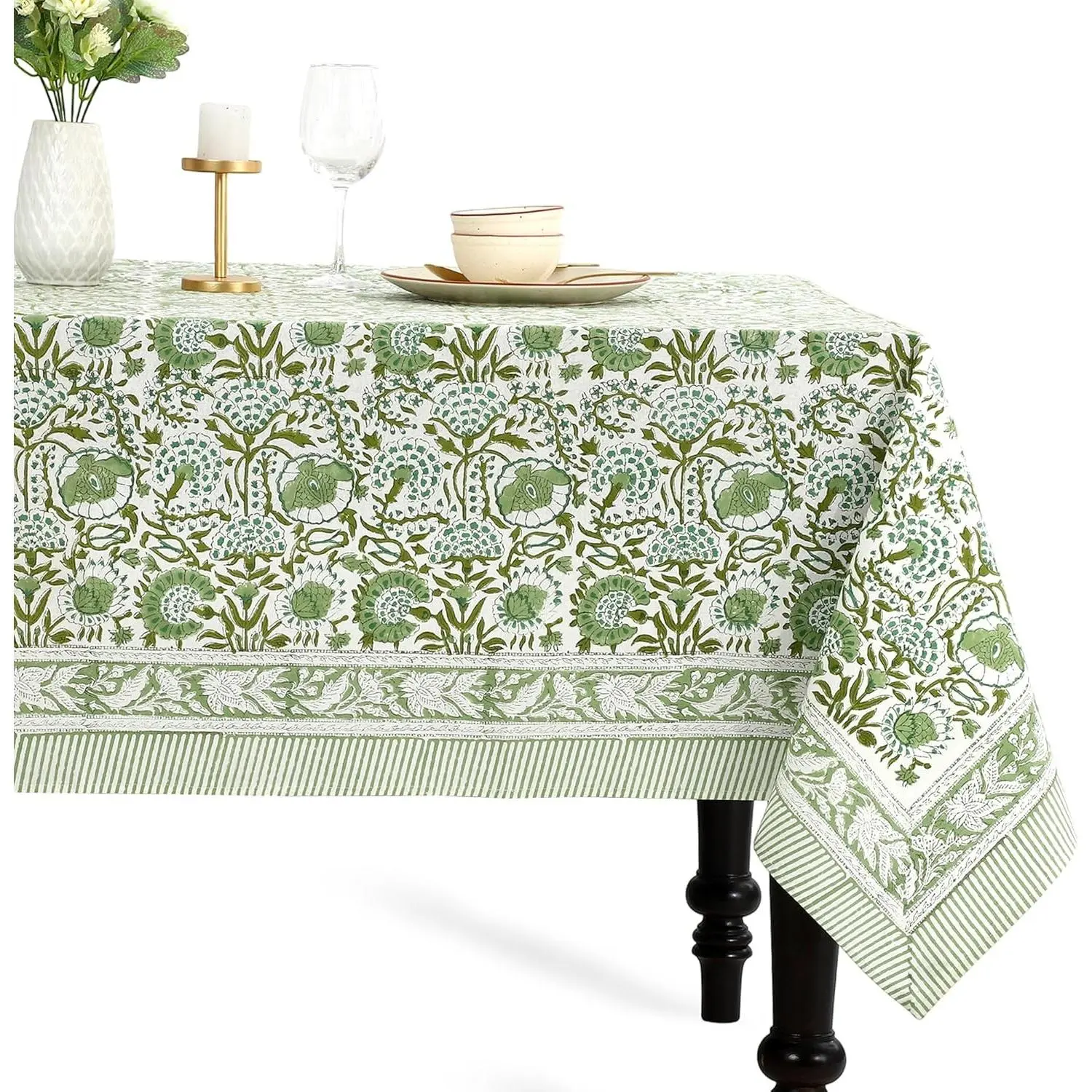 CPC Tablecloth 100% Cotton 60x60 Inch Indian Block Print Square Table Cover, Table Cloth for Weddings, Spring/Summer, Barbeque - Agate Green