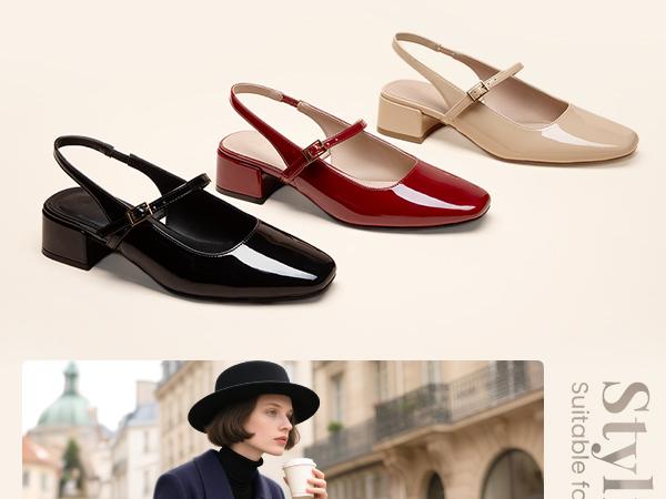 Women's Closed Square Toe Mary Jane Heels Low Chunky Heel Slingback Dress Pumps Shoes for Work Wedding Party