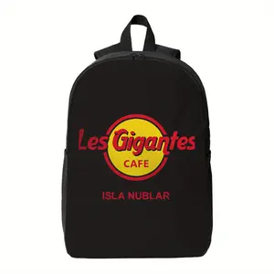 Les Gigantes Backpack - Bold red and yellow circular logo, zipper closure, suitable for university, work, travel - hand washable