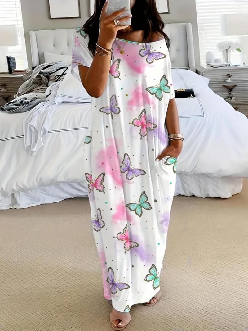 Women's Tie-Dye/Butterfly/Heart/ Leopard Print Sleepwear, Round Neck Loose Fit Pajamas, Comfortable Loungewear