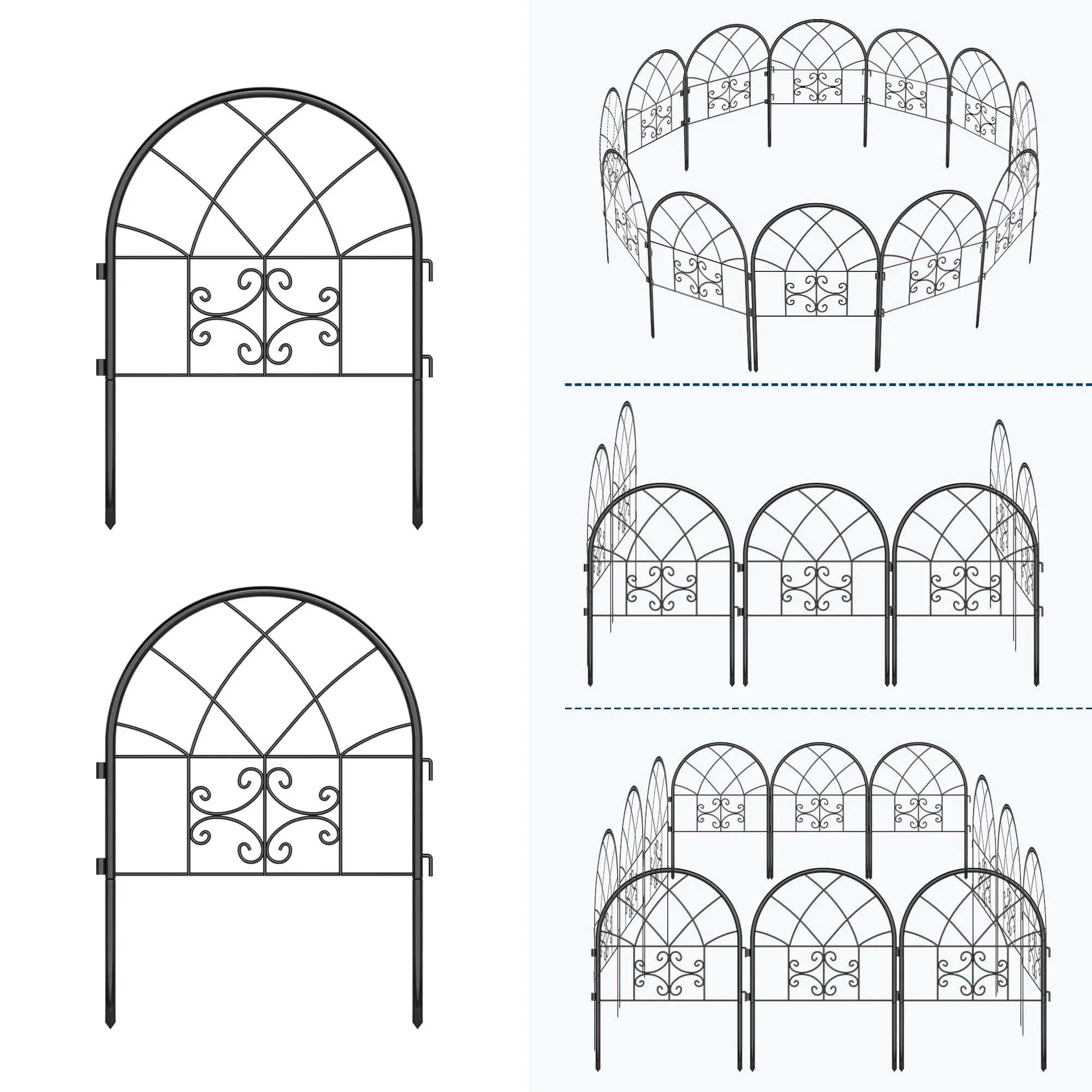 【GARVEE】Elegant Metal Garden Fence Panels – Set of 8, Black Rustproof Outdoor Decorative Perimeter Fencing – for Landscaping, Yard, and Pathway – No Dig Installation