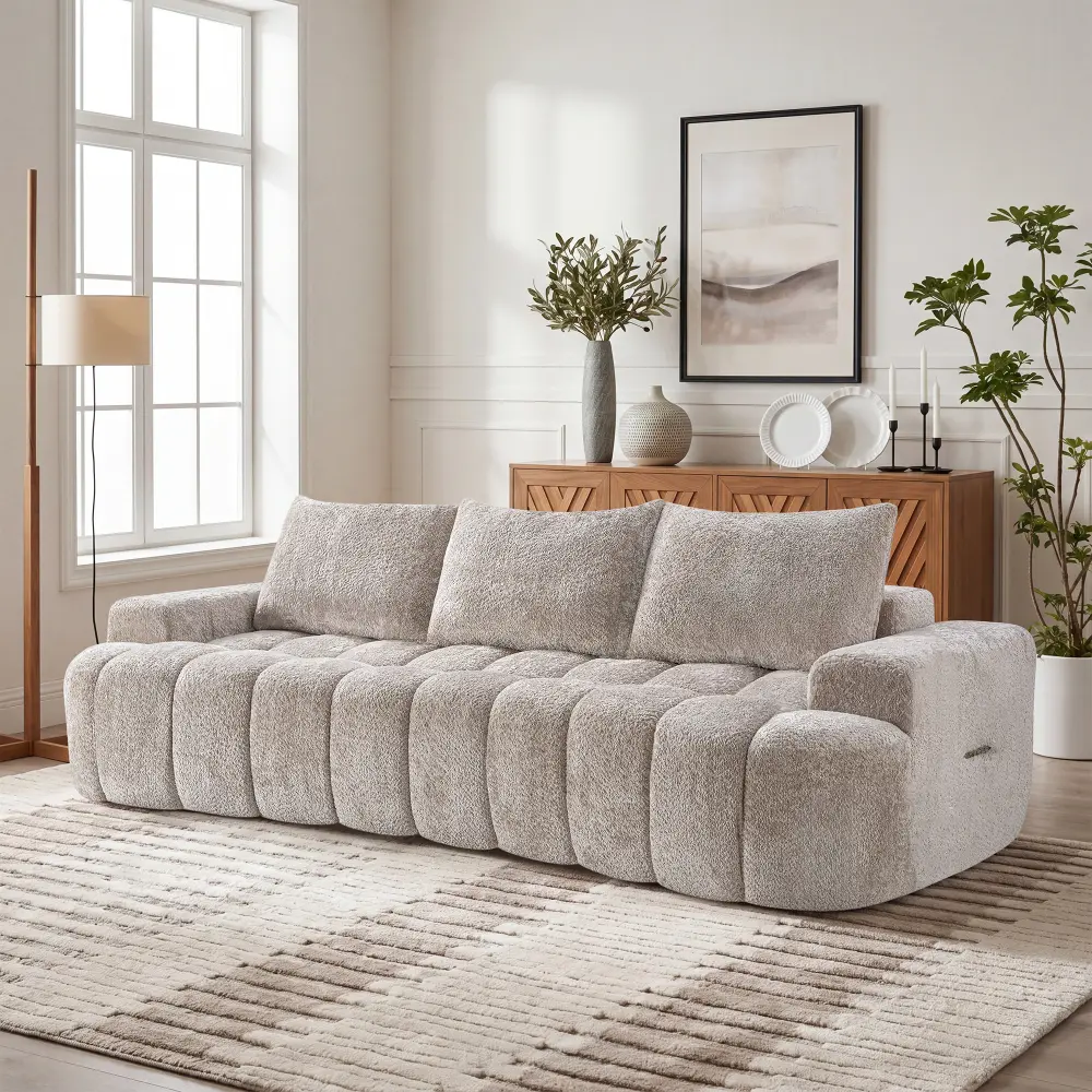 100" Sturdy 3-Seat Vertical Curved Front Compressed Boucle Fabric Sectional Sofa with Armrest, High Resilience Foam Cloud-Like Comfort, Easy to Move & Ship, 100.00x43.70x33.00 in, 100.10 Lbs Modern Living Room Sofa