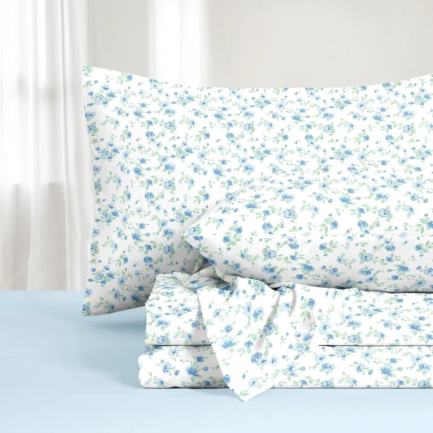 - Floral Bed Sheets, 4- Sheet Set, Shabby Chic  Cottagecore with Cute Vtage Flower  Prted Beddg, Deep Pocket, Blue White,  Size
