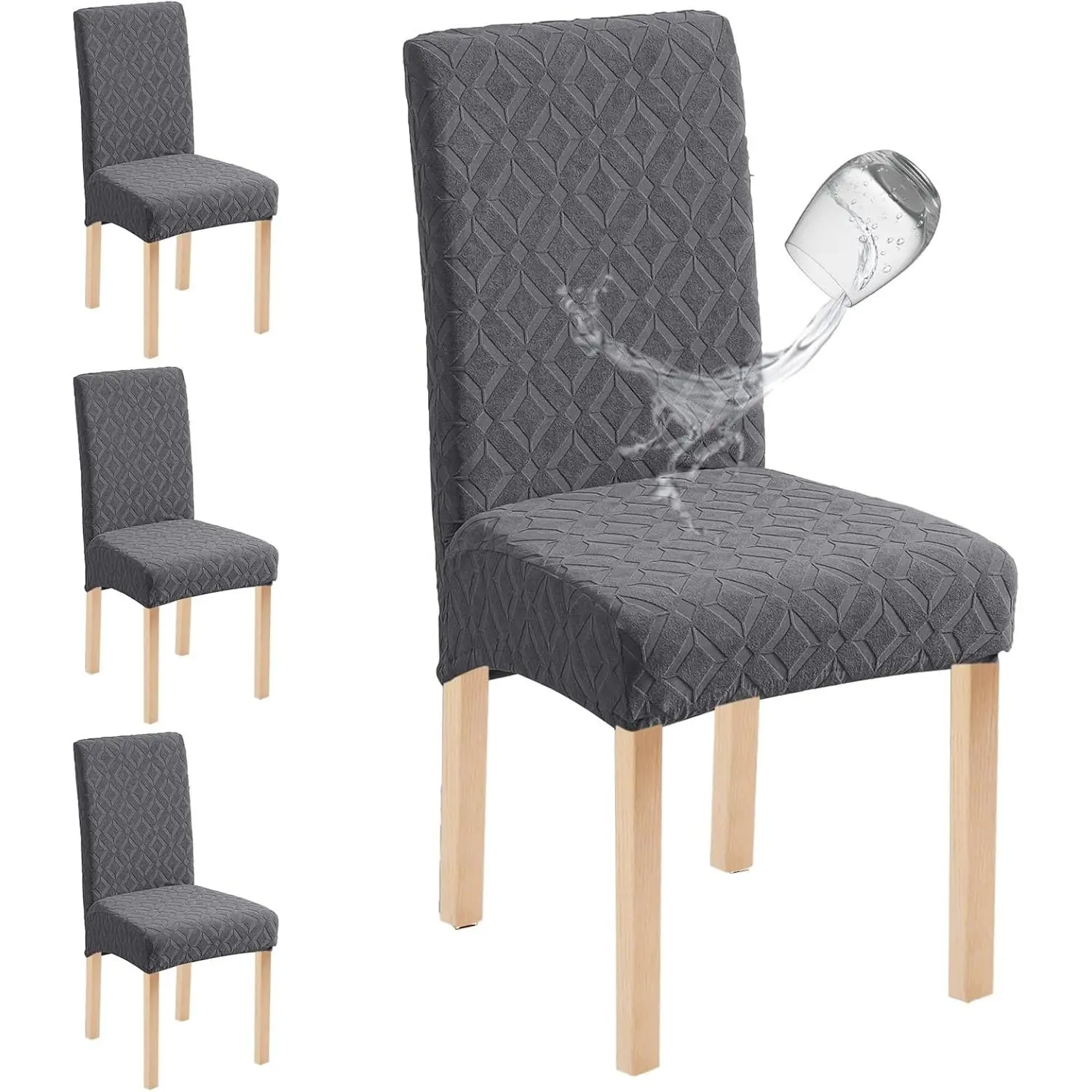 Dining Room Waterproof Chair Covers (Set of 4) - Custom-Fitted, Decorative, Modern, Protector, Rain-Resistant Removable Washable Chair Slipcovers, Dark Gray, Custom-Fitted Dining Chair Slipcovers, Decorative Cover Dining Chair Slipcovers