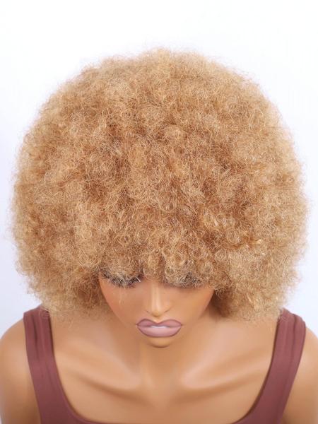 Blonde Afro Kinky Curly Wig, 180% Density Human Hair Machine Made Wigs with Bangs, Short Fluffy Wigs for Black Women, Cosplay & Daily Wear