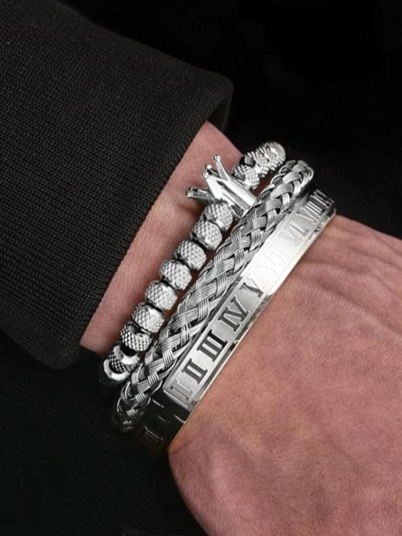 Men's Elegant Braided Bracelet, Fashionable Crown & Roman Numerals Decor Bracelet for Party, Daily Decor, Trendy All-match & Exquisite Jewelry for Birthday Gift