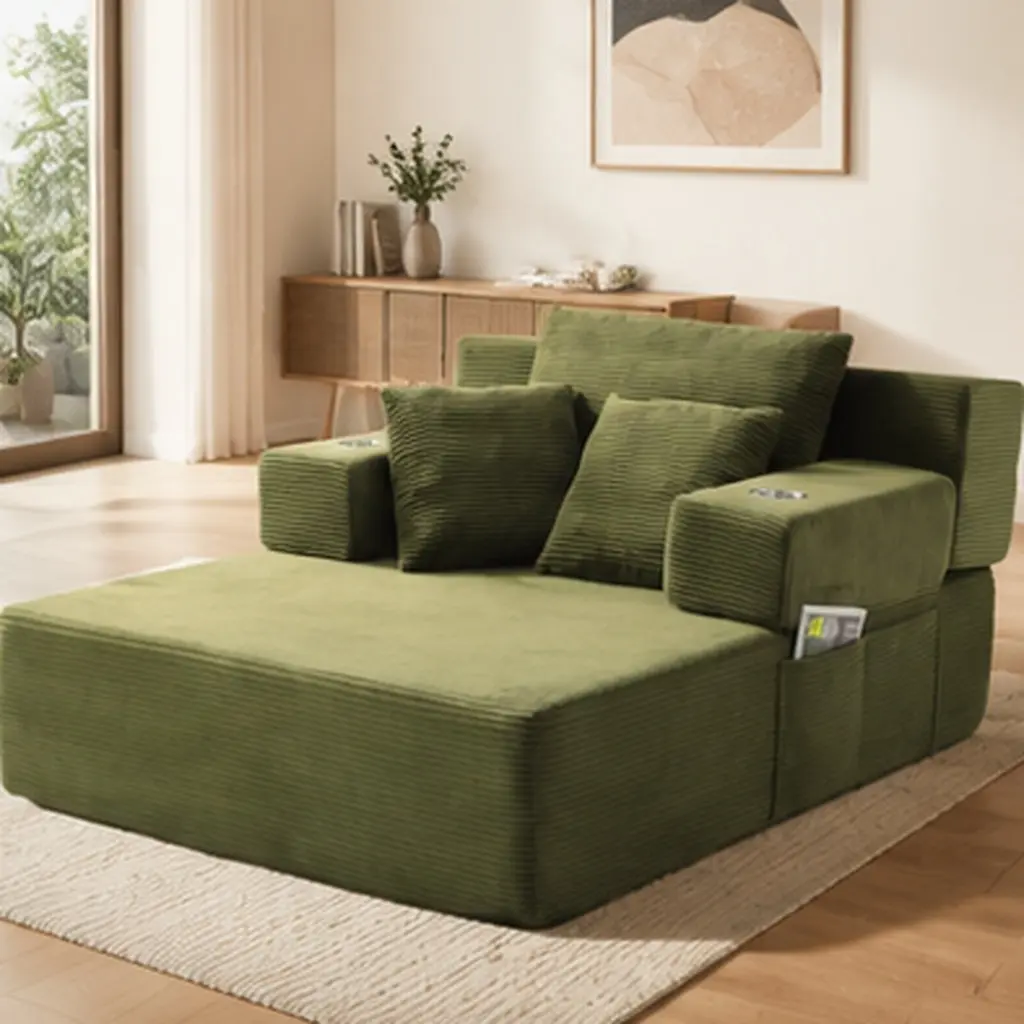 ARCH Plush Corduroy Chaise Lounge with 3 Pillows Convertible Sofa Bed Storage Pocket Frameless Design Compression Foam for Small Spaces Living Room Furniture, Living Room Furniture for Apartment, Lounge, Family Room, Office and Home Seating