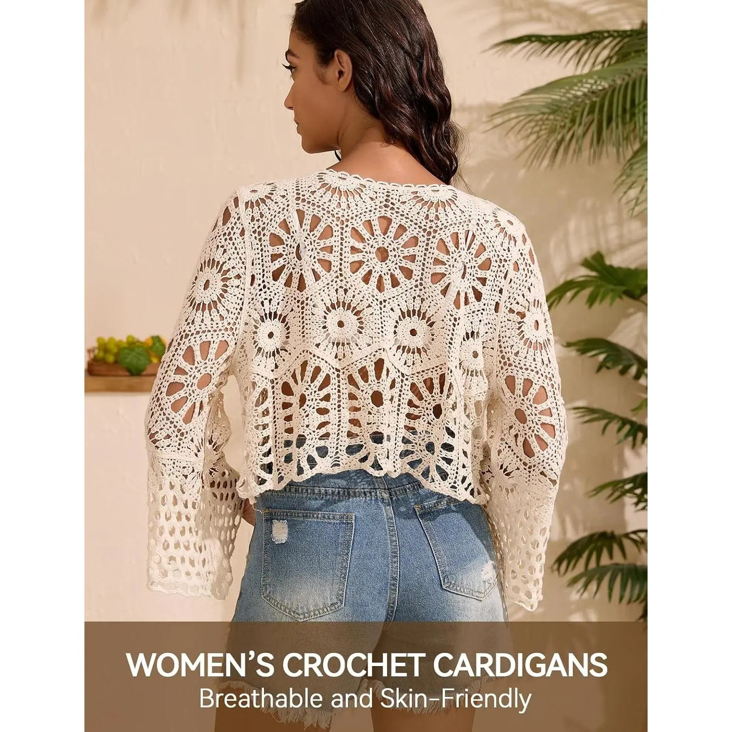 Women's Crochet Cardigan Bell Sleeve Tie Front Hollow Out Cropped Vacation Tops Summer Length Sleeve Beach Cover UpsGift