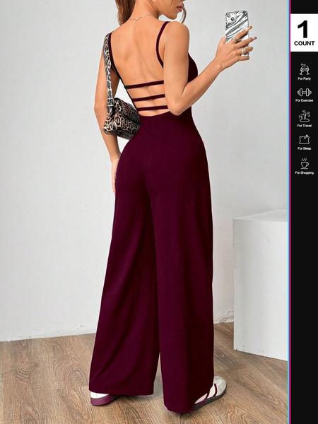 Women's Solid Backless Fit Plicated CamiJumpsuit, Basic Casual Sleeveless SpaghettiStrap Square Neck Wide Leg Jumpsuit forSummer, Women's Spaghetti Strap Jumpsuit forLady Daily Wear, Womenswear, Solid ColorJumpsuits, Casual Comfy Jumpsuit