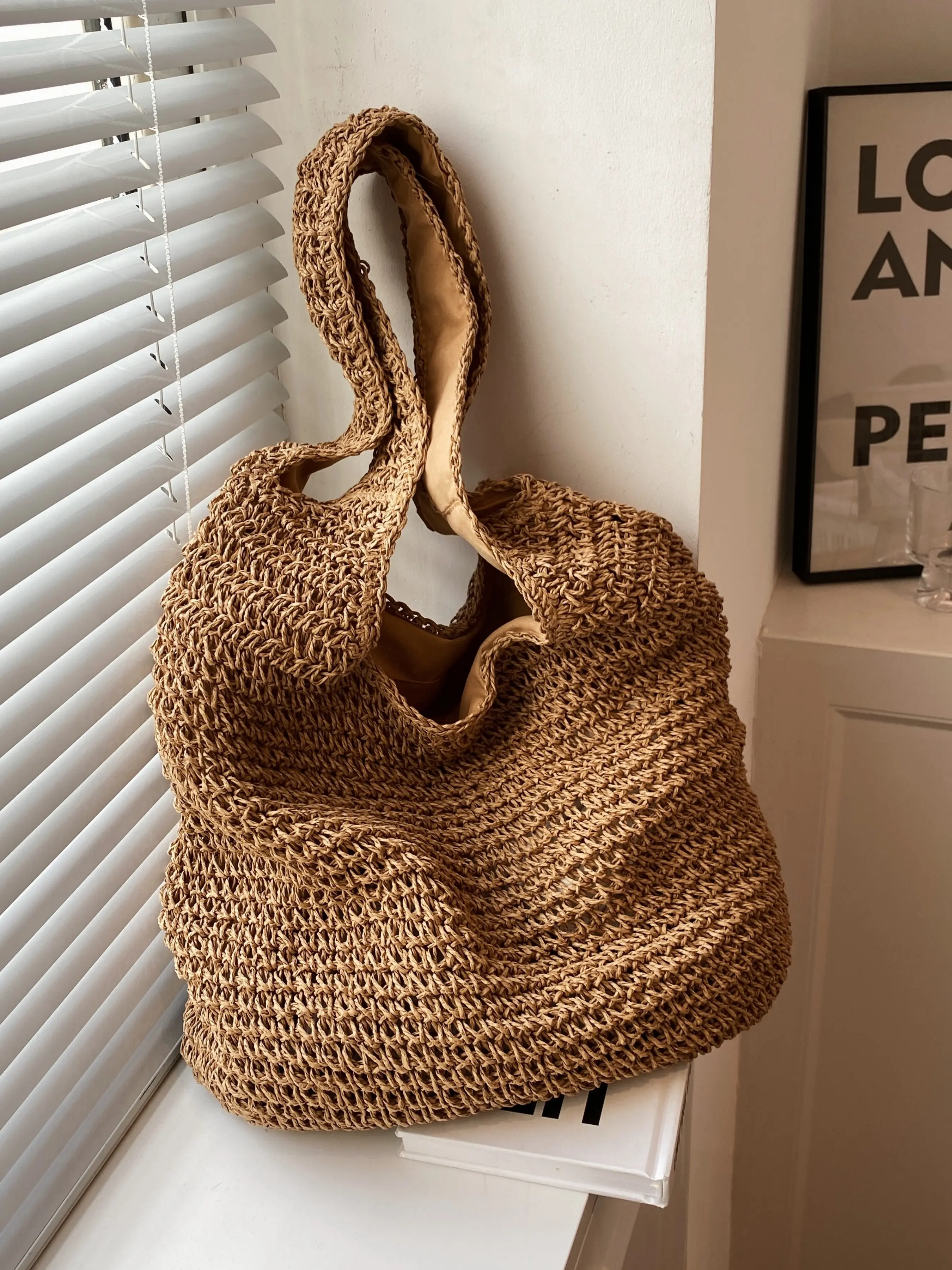 Boho Women's Beach Bag, Large Capacity Straw Basket, Casual All-Season Tote, Perfect for Daily Use & Vacation, Solid Fabric Design