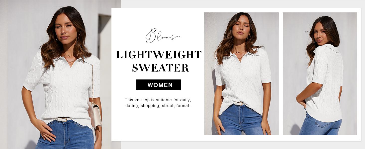 Saodimallsu Women's Cable Short Sleeve Sweaters Tops Solid Lapel V Neck Knit Casual Soft Pullover Shirt