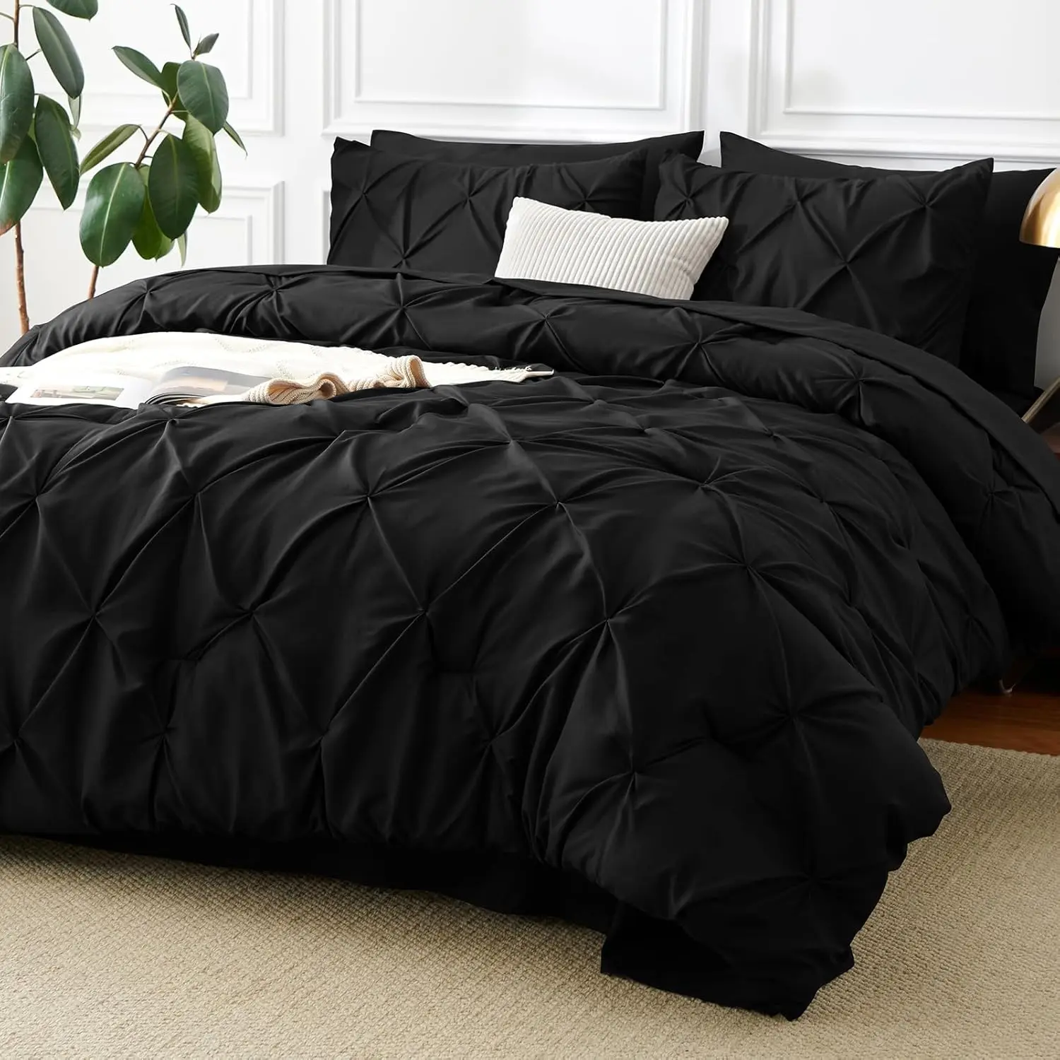 Queen Comforter Set Black, 7 Pieces Pintuck Bed in A Bag, All Season Comforter Queen Size, Bed Set Gift for, Pleat Bedding Sets with Comforter, Sheets, Pillowcases & Shams