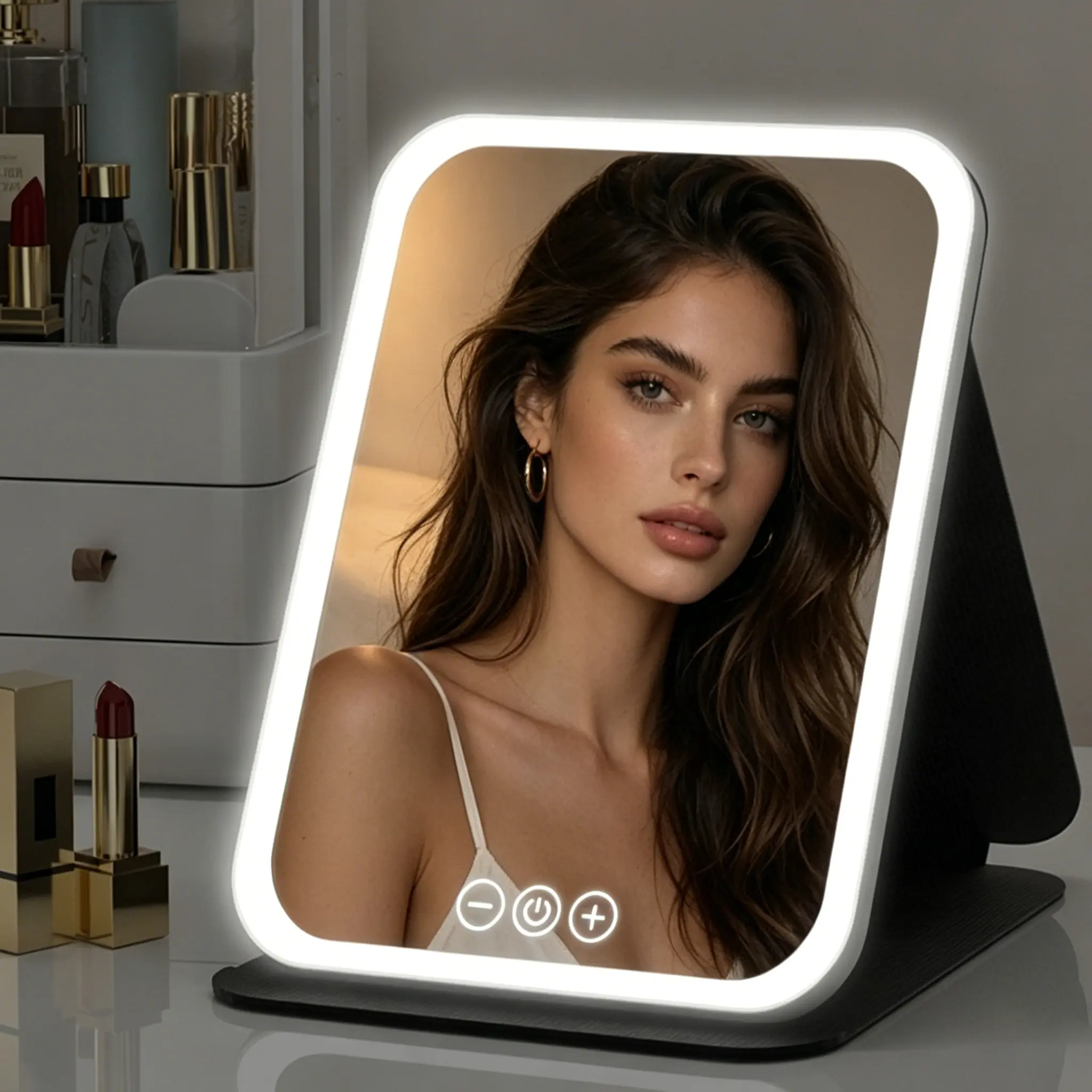 Women's LED Vanity Makeup Mirror with Lights - 3 Color Dimmable LED Lit Mirror, Adjustable Angle, Foldable Size, Compact Form, USB Rechargeable, Portable with Stand, Ideal Gift for Birthdays, Anniversaries