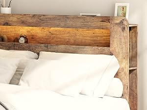 ARCH Wooden Bed Frame Queen Size with Storage Headboard, Farmhouse Platform Bedframe with Bookcase Shelf & Led Lights, Sturdy Wood Slat Framework Bed Frame (Rustic Brown)