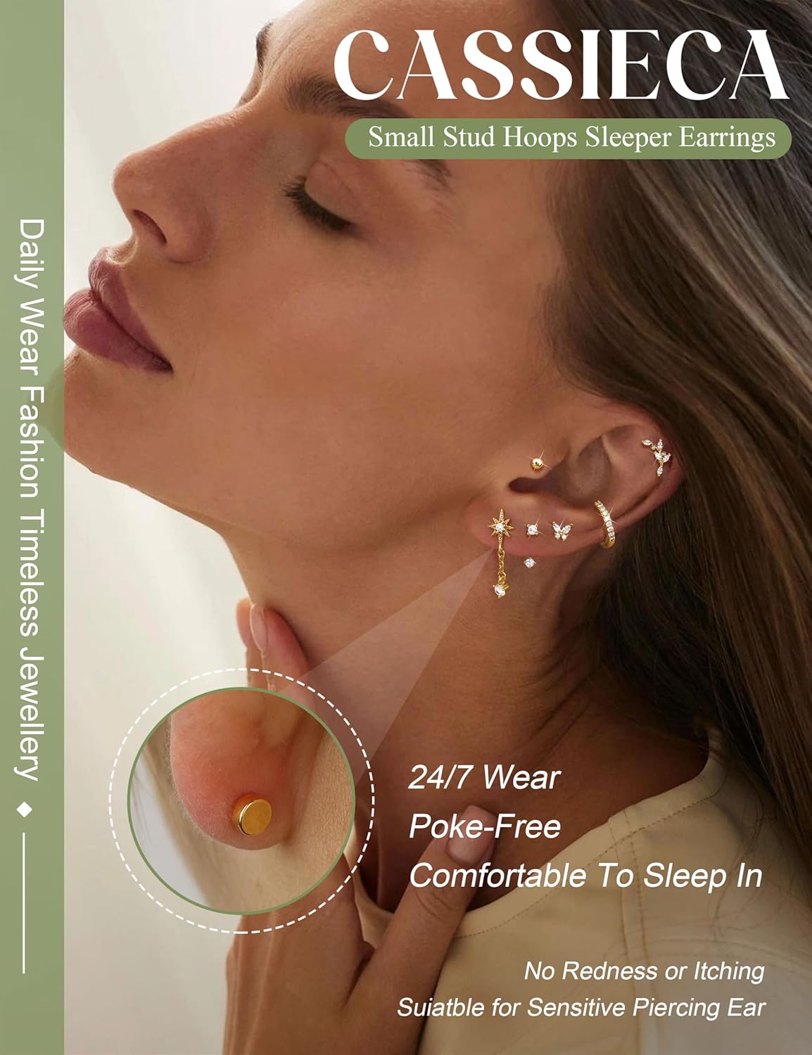 CASSIECA 21Pcs Piercing Ear Surgical Steel Helix Piercings Gold Silver Hoop Earrings Stud Set Cartilage Earrings Tragus Conch Helix Piercing Ear Jewelry