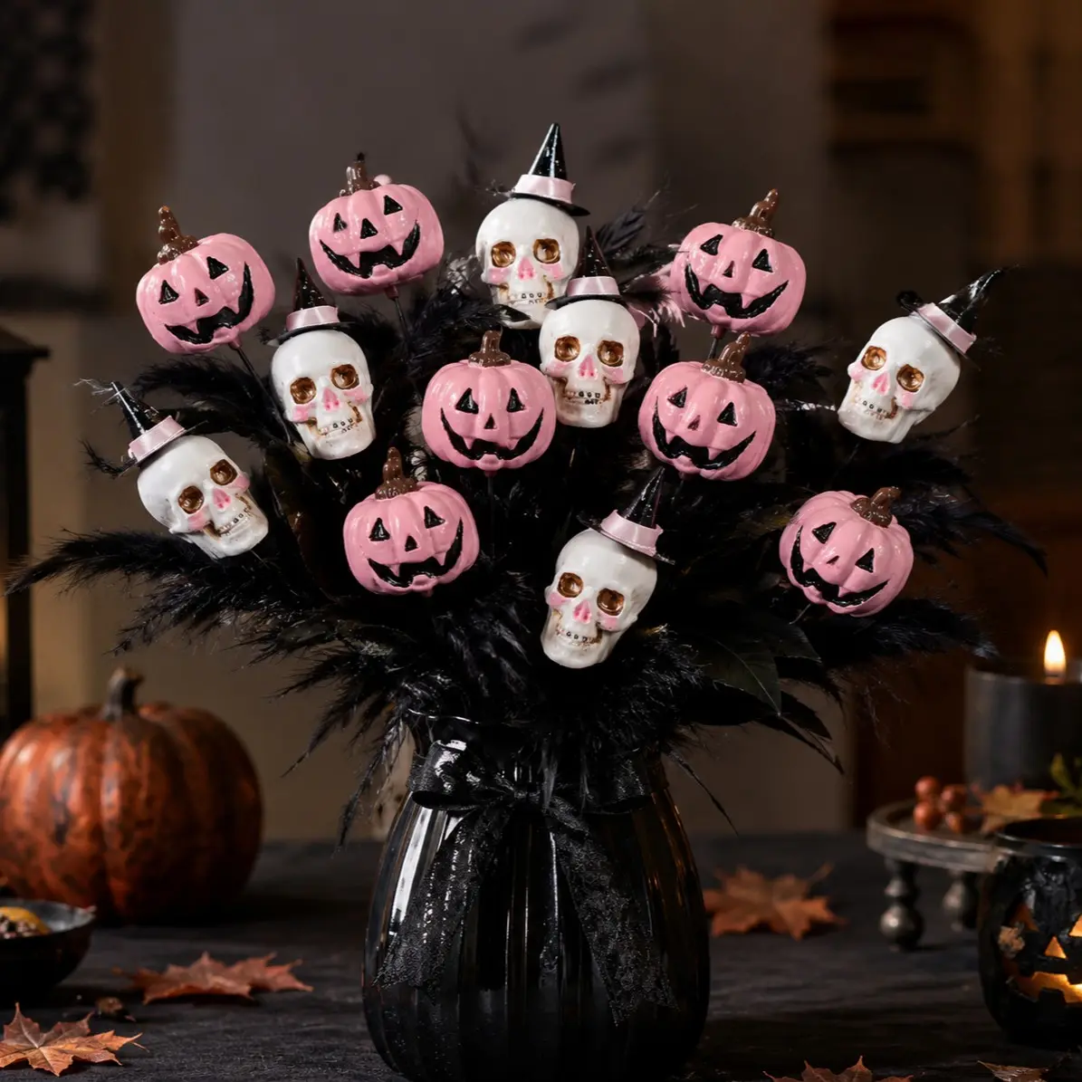 Halloween Decorations, Creative Fashion Feather Pumpkin Skull Bouquet, Home Party Floral Arrangement, Unique Halloween Accessories