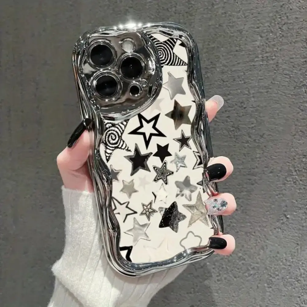 Phone Case - iPhone 11 -16 Fashion Phone Case - Rugged, eye-catching black and white star pattern, electroplated cream frame, sturdy and shockproof