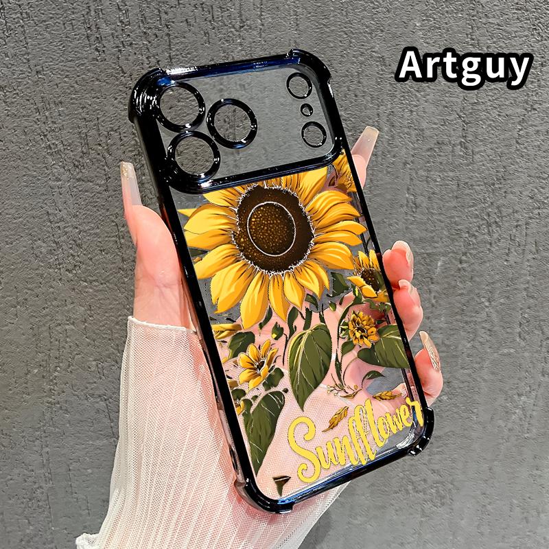 Compatible with iPhone 17 Pro Max 16 15 Plus Air 14 13 12 11 E Phone Case Sunflower Field Four-Corner Drop-Resistant Electroplated Transparent TPU Soft Protective Cover Gift