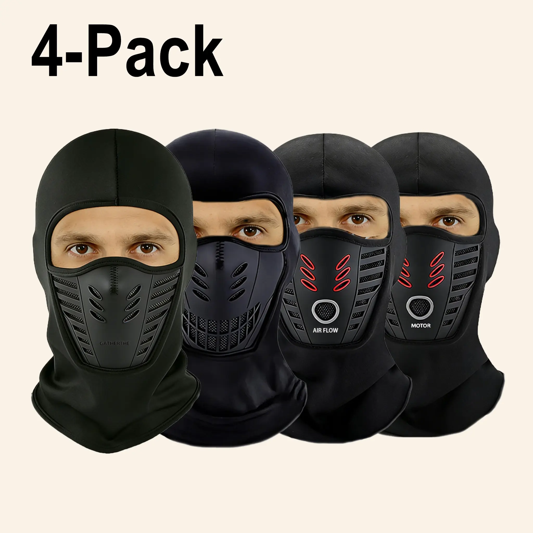 4-Pack Headgear Set, Balaclava Hat, Motorcycle Face Mask, Outdoor Cycling Helmet, Unisex, Ideal for Hiking, Fishing, Riding, All Seasons