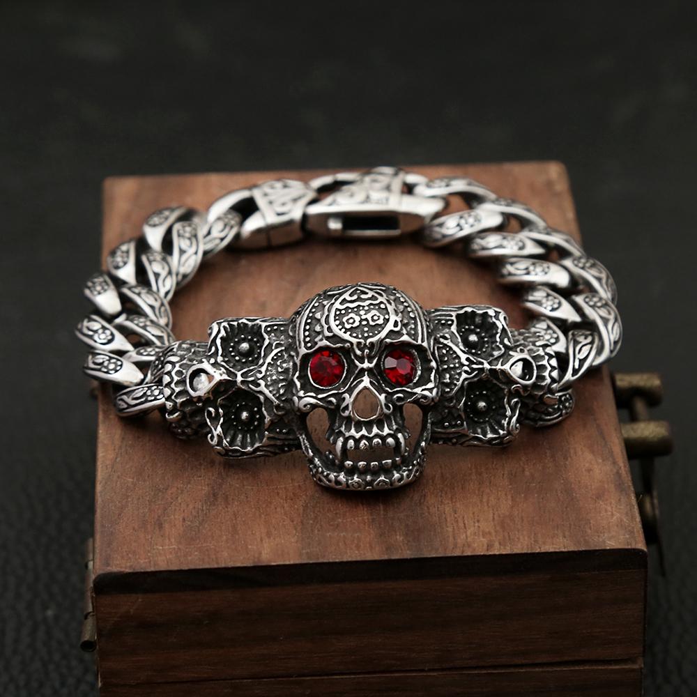 Vintage Domineering 316L Stainless Steel Skull Bracelet With Red Stone Eyes Bangles Punk Hip Hop High Quality Jewelry Wholesale