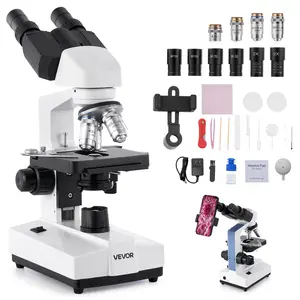 【DealsForYouDays】VEVOR Binocular Microscope, 40-5000X Magnification, Professional Compound Microscope for Adult with Dual Stage and Two Sets of Eyepieces, Aluminum Alloy Body, Includes LED Light and Phone Holder