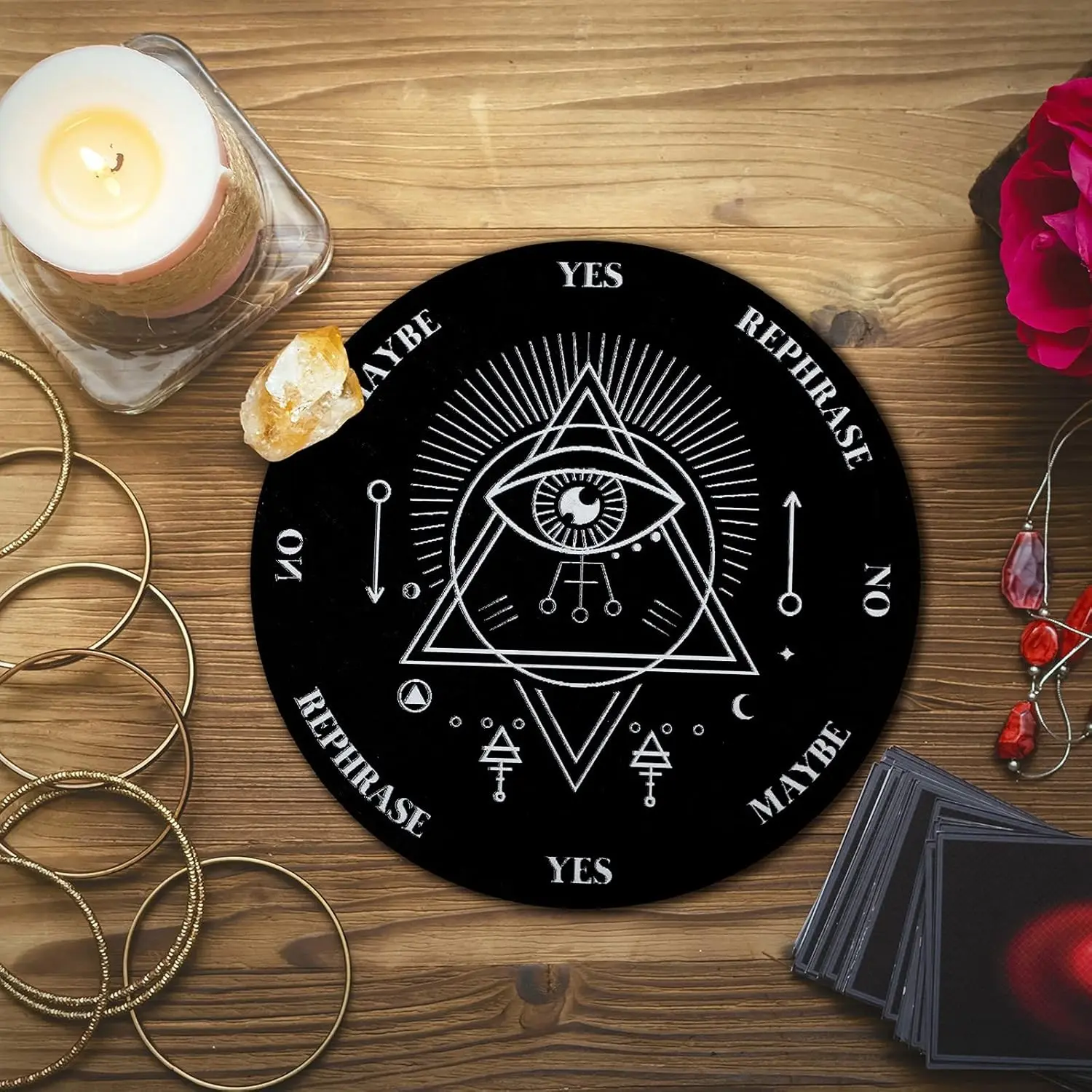Pendulum Board Set Wooden Material Dowsing Divination Board Metaphysical Message with Crystal Divinity Pendulum Necklace for Witchcraft Wiccan Wand Ceremonial Altar Supplies, 3.9 Inch(Black board with black pendant)