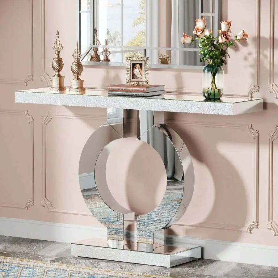 Mirrored Console Table With O-Shaped Base, 43-Inch Modern Entryway Table Glass Sofa Table With Mirror Finish, Rectangle Narrow Accent Foyer Table For Entrance Hallway Living Room, Silver