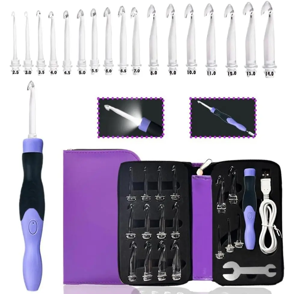 17 Sizes Lighted Crochet Hooks Set 2.5mm~14.0mm, Rechargeable Crochet Hook with Interchangeable Crochet