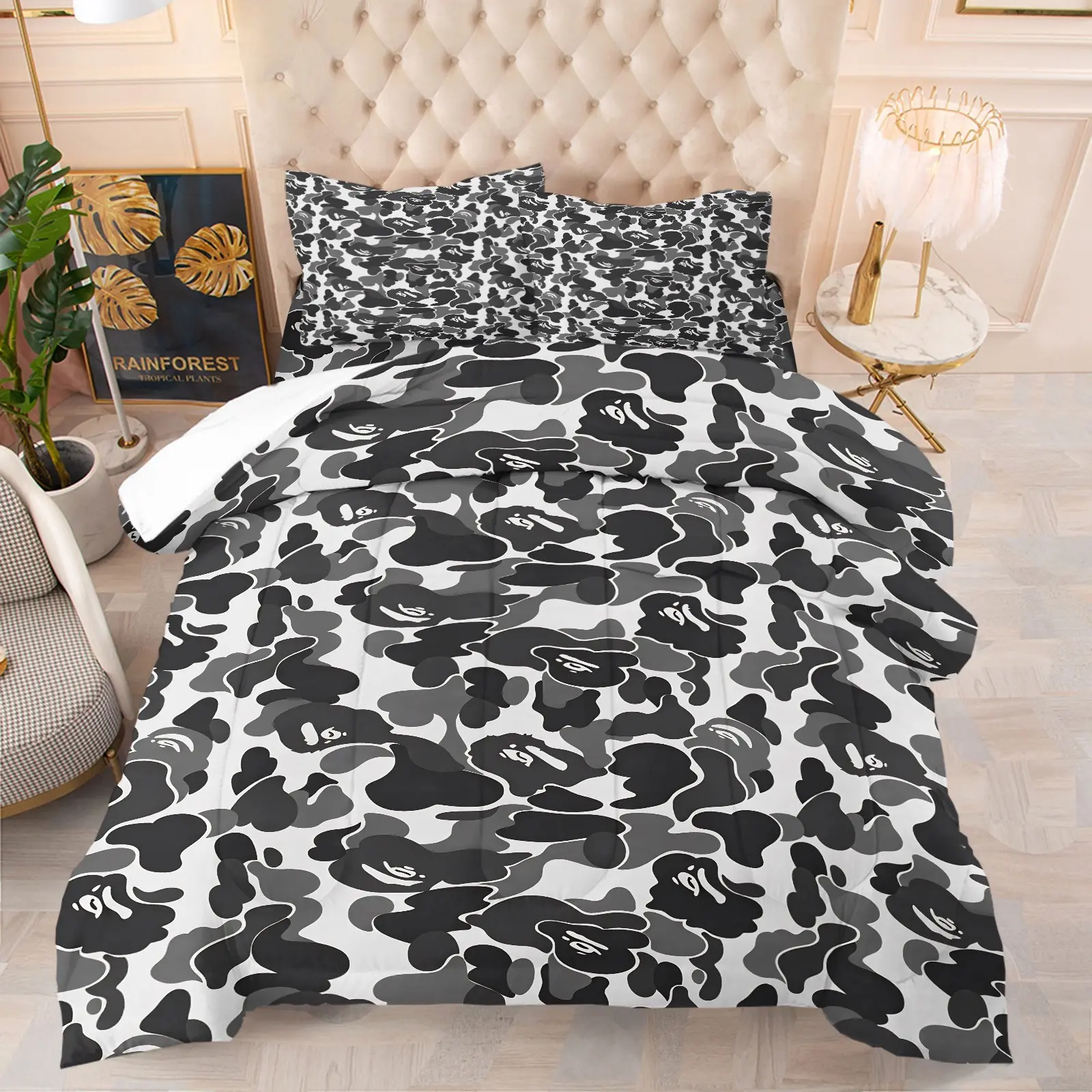 White Base with Black-White Cartoon Camouflage Comforter Set-Black Grey Classic Camo Design-Easy Care Bedding for Gaming Room, Teen Bedroom, Dorm Decor, Includes 1 Quilt and 1-2 Coreless Pillowcases