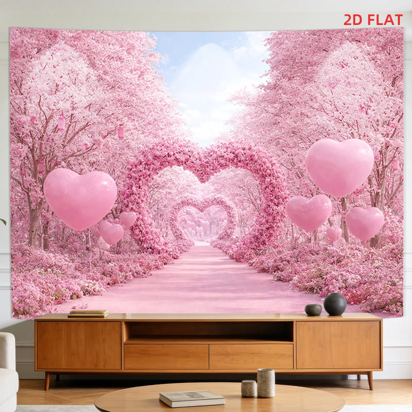 2D Flat, [2D Plane Printing] 1 Large Size/small Size Pattern Printed Tapestry- Pink, Heart Arches, Love Path, Balloons, Romantic Scenery., Room Wall Decoration, Non-luminous, Suitable for, Living Room, Meditation, Office, Party Decoration