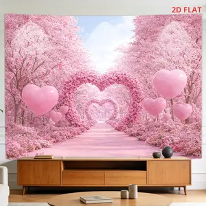 Flat 2D Plane Printed Tapestry - Pink, Heart Arches, Love Path, Balloons, Romantic Scenery, Non-Luminous, Indoor Room Wall Decor, Suitable for Living Room, Meditation Space, Home Supplies, Indoors